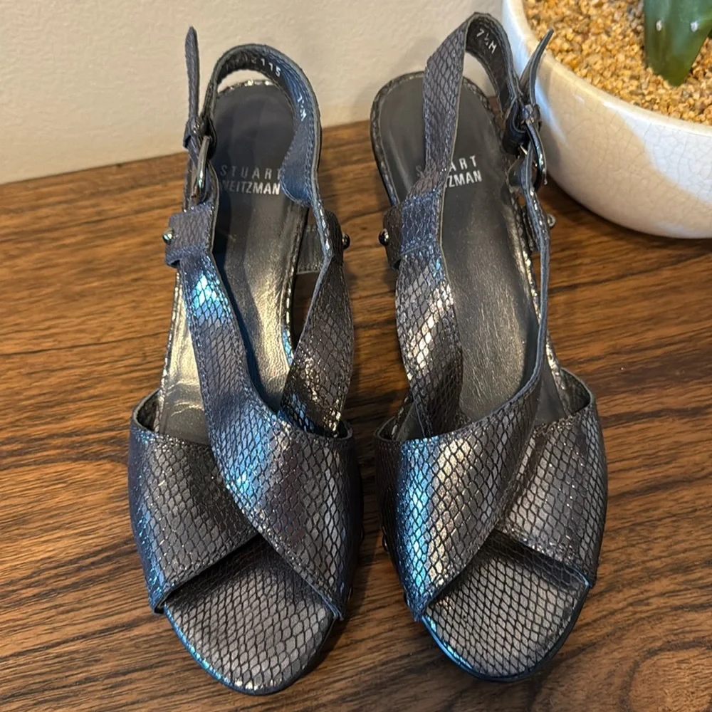 Stuart Weitzman‎ Metallic Pewter Strappy Studded Party Statement Heels Size  7.5